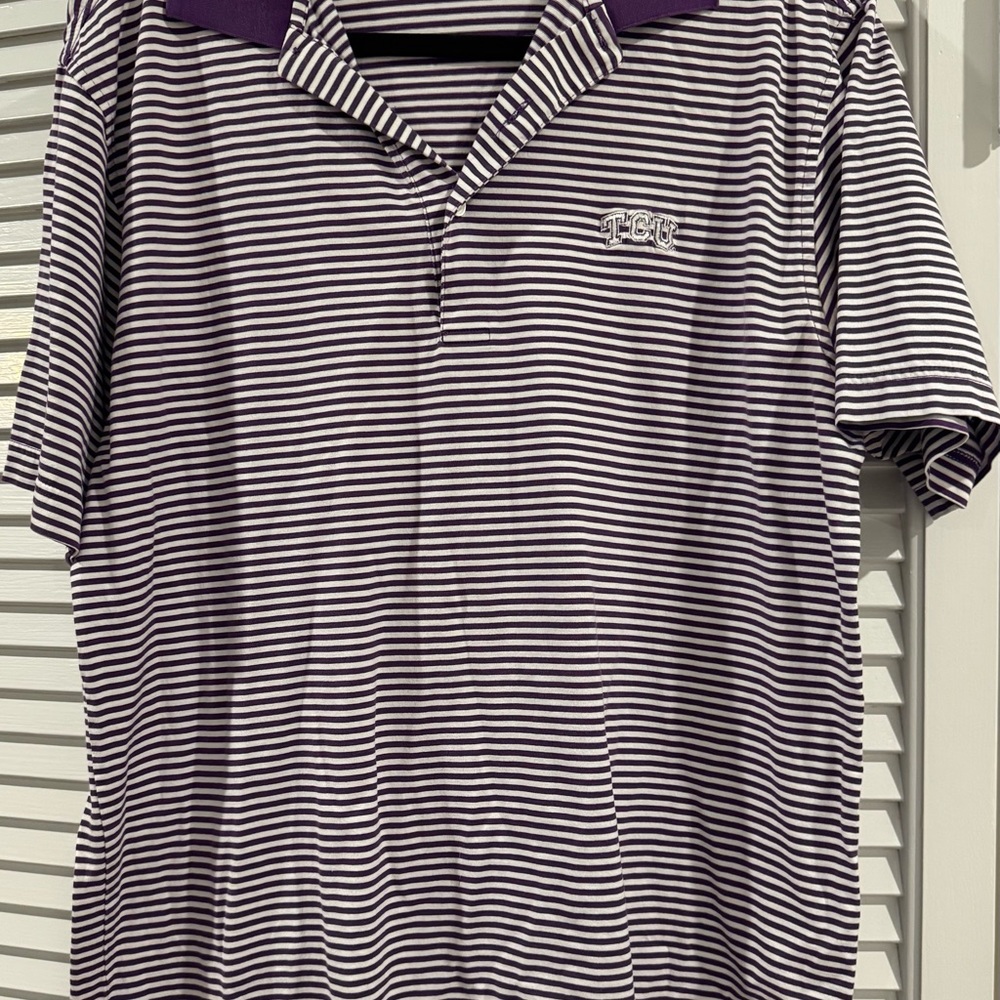 Peter Millar TCU sz MED Purple and White Striped Polo Collegiate Shirt